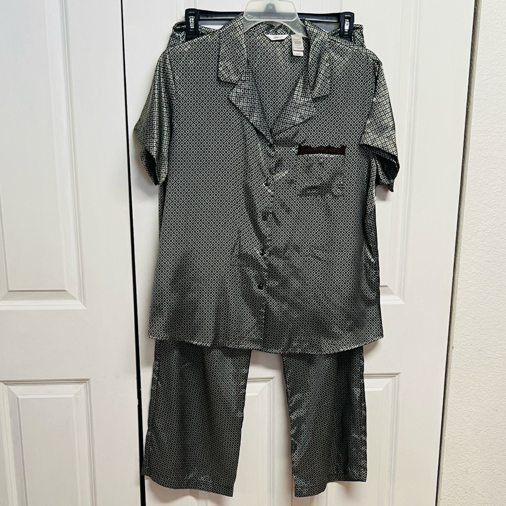 Adonna Brown and Aqua Geometric Short-Sleeve Satin Pajamas Set Size XL